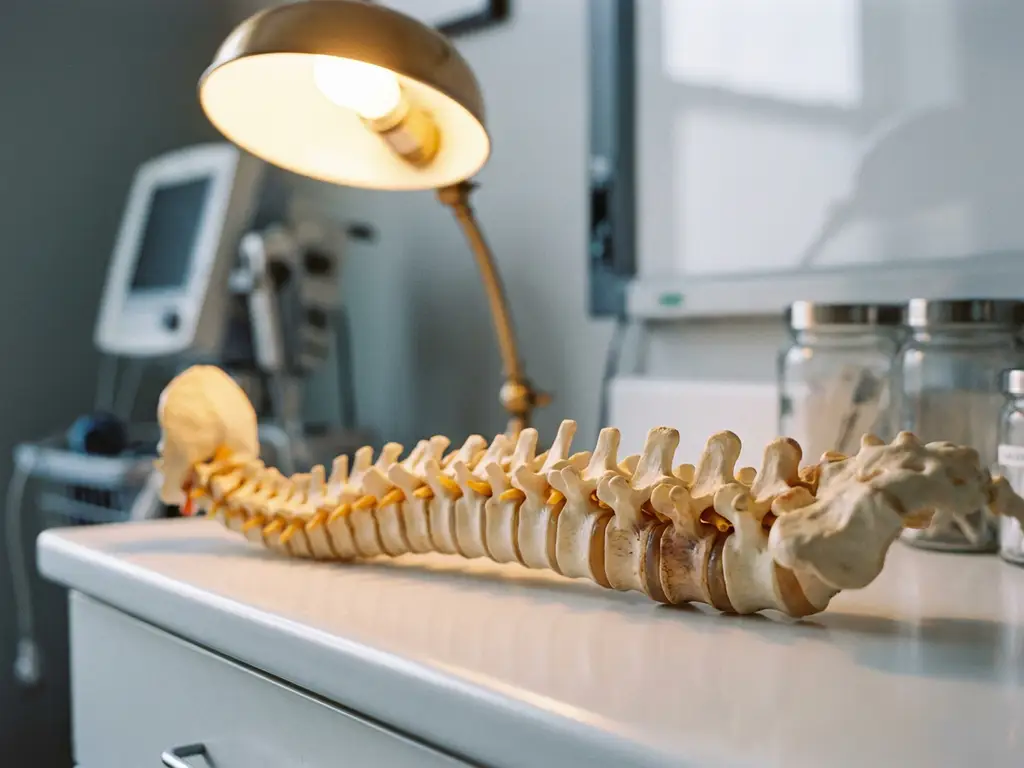 Anatomisch wervelkolommodel met slijtage aan onderste wervels, verlicht door warme bureaulamp op klinisch witte ondergrond.