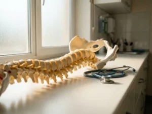 Anatomisch wervelkolommodel op witte klinische ondergrond met stethoscoop, zachte medische verlichting, onscherpe achtergrond.