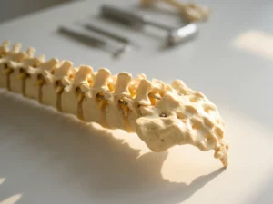 Anatomisch wervelkolommodel op wit bureau met zachte belichting gericht op de lumbale wervels.