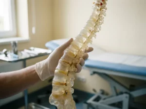 Anatomisch wervelkolommodel in witte gehandschoende hand, met zichtbare slijtage tussen de lumbale wervels in een medische omgeving.
