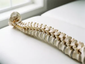 Anatomisch model van een menselijke wervelkolom op wit klinisch oppervlak, met gedetailleerde wervels en tussenwervelschijven.