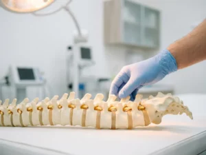 Gehandschoende hand die een anatomisch wervelkolommodel onderzoekt op een witte klinische ondergrond, zachte medische belichting.