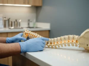 Anatomisch wervelkolommodel met uitgelichte cervicale en lumbale regio's, aangewezen door handen van een specialist in een klinische omgeving.