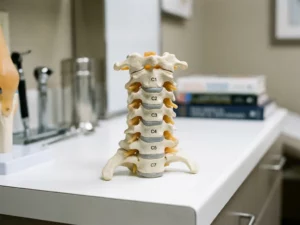 Anatomisch model van de cervicale wervelkolom met zichtbare wervels en tussenwervelschijven op een wit klinisch oppervlak.