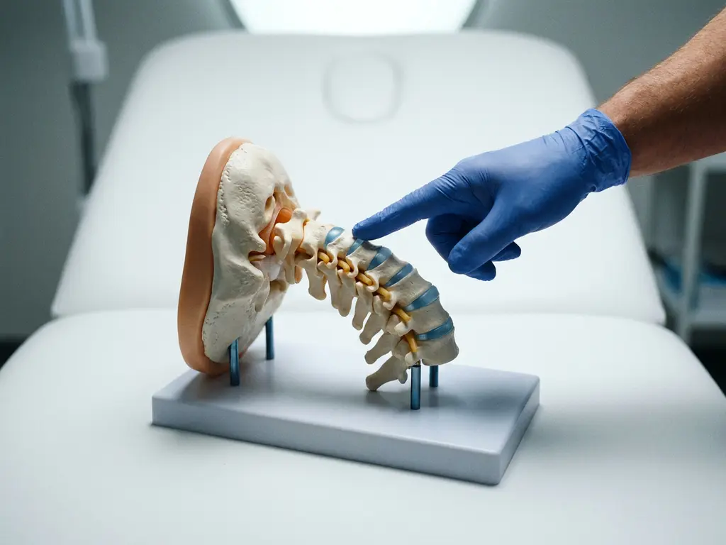 Gehandschoende hand wijst cervicale wervels aan op anatomisch model van nek en wervelkolom op witte klinische ondergrond.