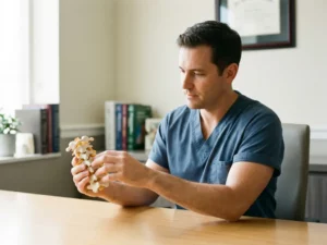 Wervelkolomchirurg bestudeert cervicaal wervelkolommodel tijdens consultatie in moderne kliniek met natuurlijk licht.