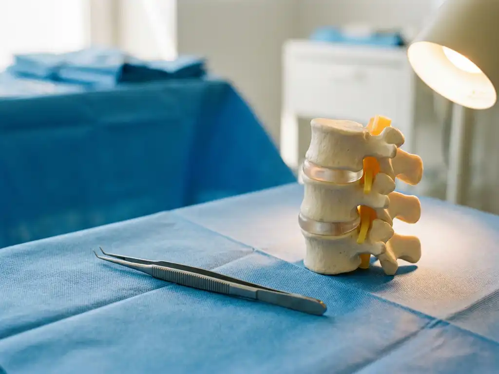 Chirurgisch instrument naast anatomisch model van de lumbale wervelkolom, met focus op tussenwervelschijf in steriele klinische omgeving.