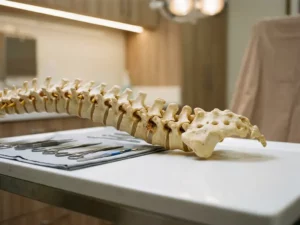 Anatomisch wervelkolommodel met gefuseerd lumbaal segment op klinisch witte ondergrond, omgeven door chirurgische instrumenten.