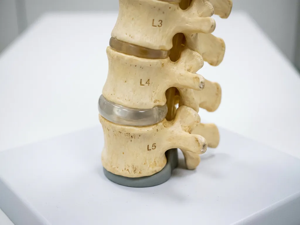 Anatomisch doorsnede-model van een menselijke lumbale wervelkolom met zichtbare slijtage op wervels en gezonde tussenwervelschijf.