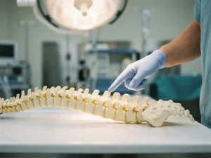 Chirurg met gehandschoende hand wijst een wervelgedeelte aan op een anatomisch wervelkolommodel in een klinische omgeving.