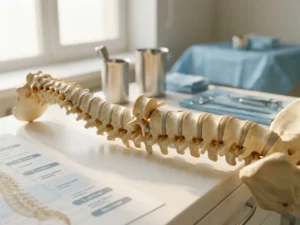 Anatomisch wervelkolommodel met één verschoven wervel, gefotografeerd op ooghoogte in een klinische omgeving met zacht licht.