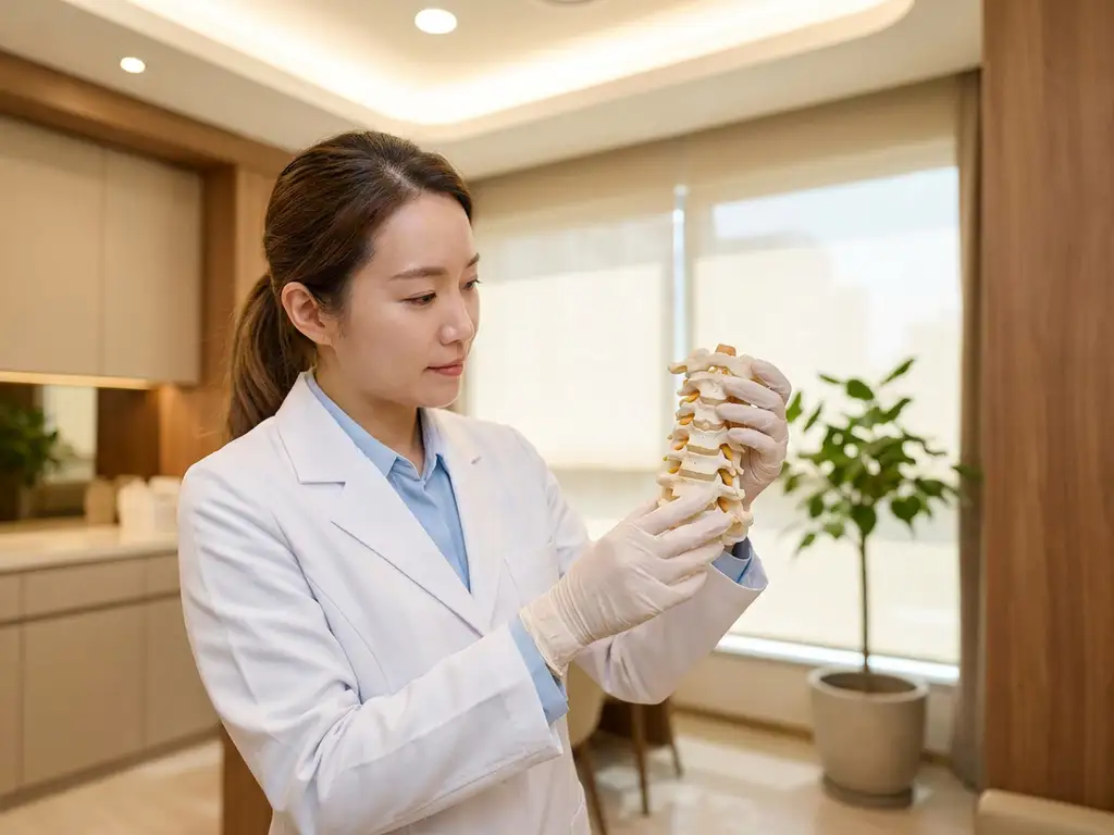 Medisch professional in witte jas die een anatomisch model van de cervicale wervelkolom inspecteert in een privékliniek.