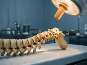 Anatomisch wervelkolommodel met zichtbare cervicale compressie onder warm medisch onderzoekslicht op witte ondergrond.