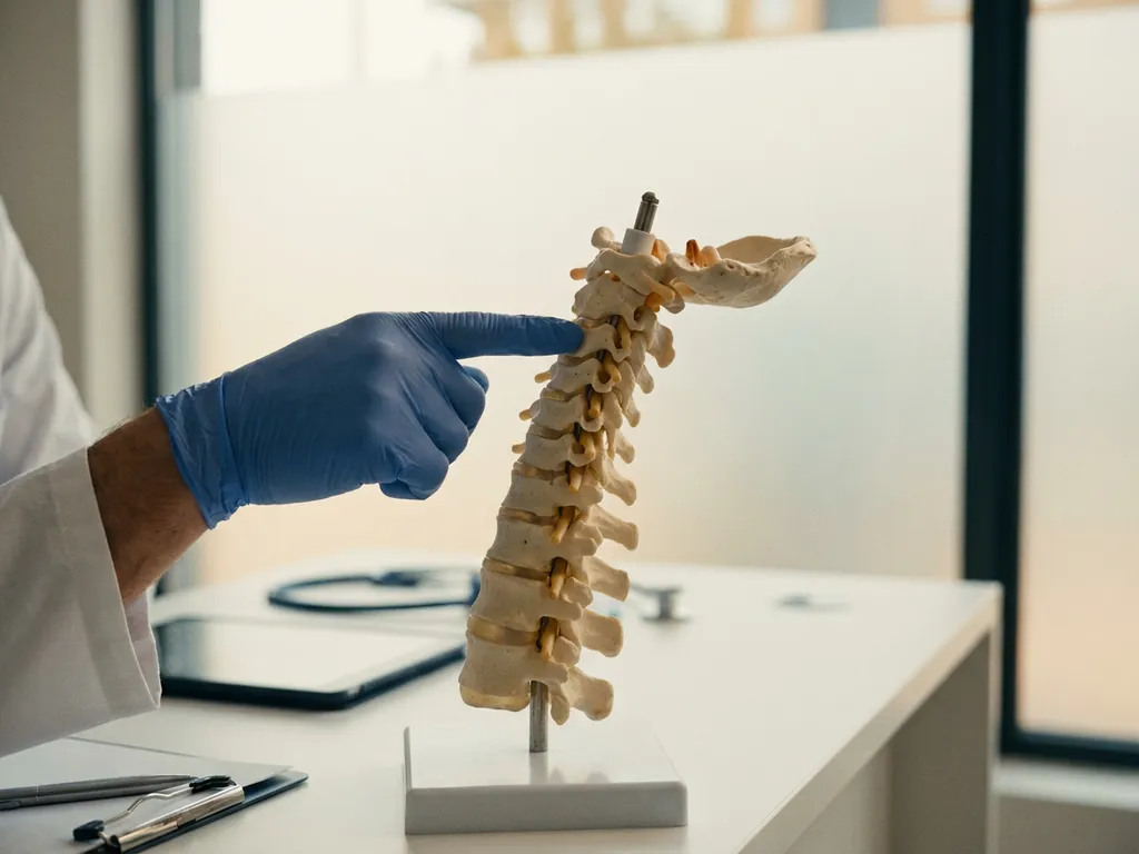 Arts wijst naar cervicale wervels op anatomisch wervelkolommodel in moderne kliniek, zachte natuurlijke belichting.