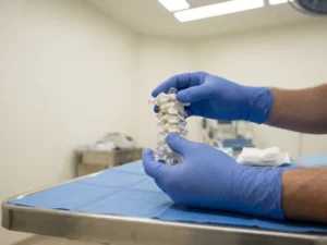 Chirurg in steriele handschoenen onderzoekt anatomisch wervelkolommodel, met focus op de cervicale wervels.