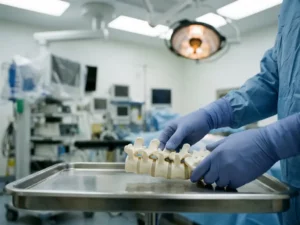Chirurg in steriele handschoenen positioneert anatomisch wervelkolommodel op stalen oppervlak in operatiekamer.