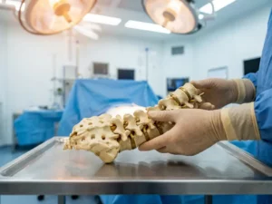 Chirurg met blauwe handschoenen houdt anatomisch wervelkolommodel op stalen oppervlak in operatiekamer.