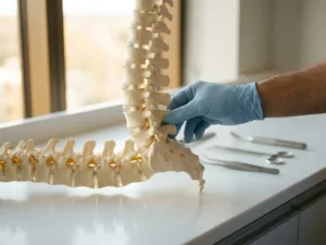 Chirurg in gehandschoende hand onderzoekt lumbale wervels op anatomisch wervelkolommodel, warm licht, klinische setting.