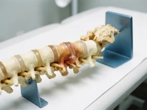 Anatomisch model van een menselijke wervelkolom met ontstoken tussenwervelschijf en uitpuilend discusweefsel op witte ondergrond.