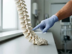 Anatomisch wervelkolommodel met gehandschoende hand die de lumbale regio aanwijst, zichtbare wervelcompressie in klinische setting.