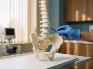 Chirurg in gehandschoende hand wijst naar lumbale tussenwervelschijf op anatomisch wervelkolommodel in privékliniek.