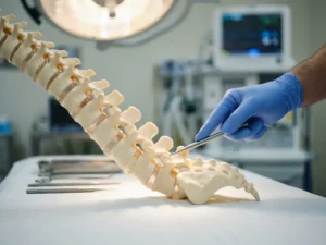 Chirurg in gehandschoende hand wijst naar lumbale wervels op anatomisch wervelkolommodel in klinische omgeving.