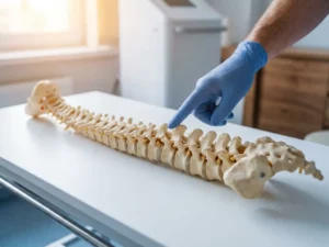 Anatomisch wervelkolommodel met verschoven wervel, aangewezen door een gehandschoende hand van een specialist in een klinische omgeving.