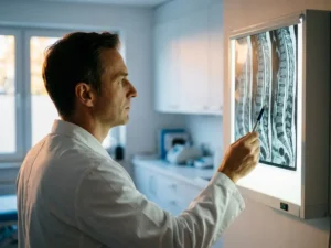 Medisch professional bestudeert wervelkolom-MRI op lichtkast, wervels en spinaalkanaal duidelijk zichtbaar.