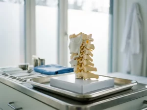 Anatomisch model van nekwervels en bovenste wervelkolom op roestvrijstalen chirurgische lade in orthopedische kliniek.