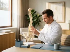 Wervelkolomspecialist in witte doktersjas onderzoekt anatomisch model van de menselijke wervelkolom in moderne privékliniek.