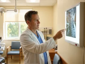 Wervelkolomspecialist in witte jas bestudeert cervicale wervelkolom-MRI-scan op lichtpaneel in moderne privékliniek.