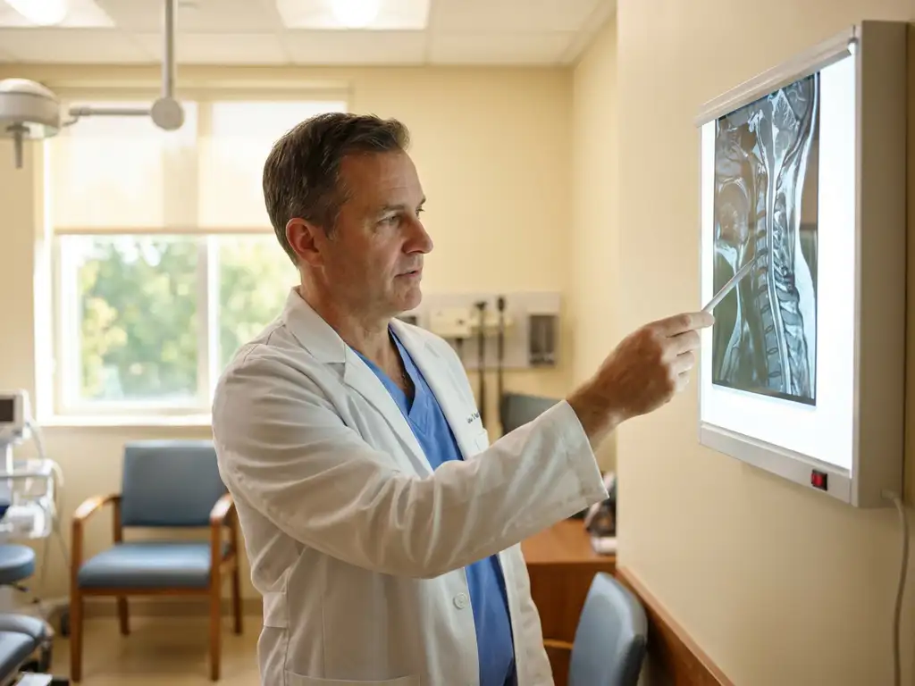 Wervelkolomspecialist in witte jas bestudeert cervicale wervelkolom-MRI-scan op lichtpaneel in moderne privékliniek.