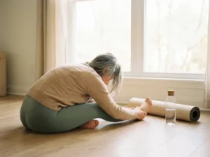 Persoon van middelbare leeftijd in zittende voorwaartse buiging op licht houten vloer, met opgerolde yogamat en waterfles in zachte natuurlijke belichting.